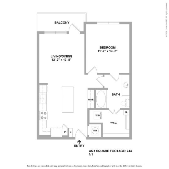 Cedar at the Branch Floor Plan 1 Bedroom 1 Bath 1 Bed 1 Bath 723 sqft