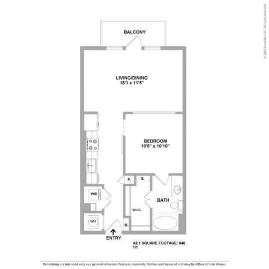 Cedar at the Branch Floor Plan 1 Bedroom 1 Bath 1 Bed 1 Bath 646 sqft