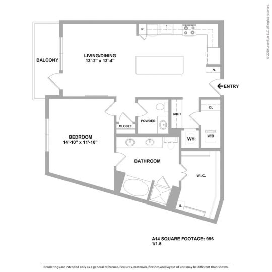 Cedar at the Branch Floor Plan 1 Bedroom 1 Bath 1 Bed 1 Bath 996 sqft