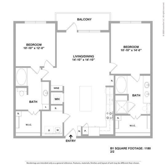 Cedar at the Branch Floor Plan 2 Bedroom 2 Bath 2 Bed 2 Bath 1180 sqft