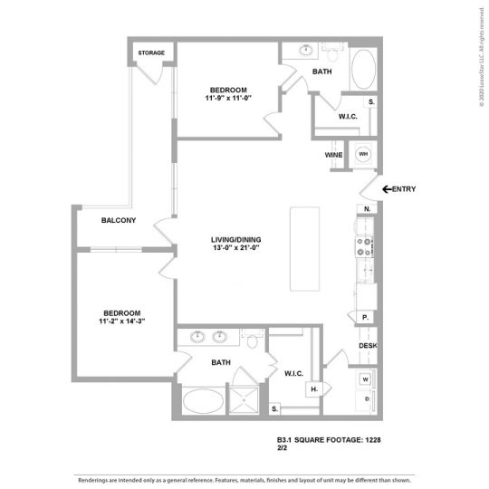 Cedar at the Branch Floor Plan 2 Bedroom 2 Bath 2 Bed 2 Bath 1227 sqft
