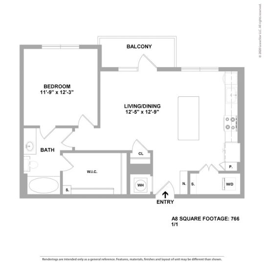 Cedar at the Branch Floor Plan 1 Bedroom 1 Bath 1 Bed 1 Bath 766 sqft