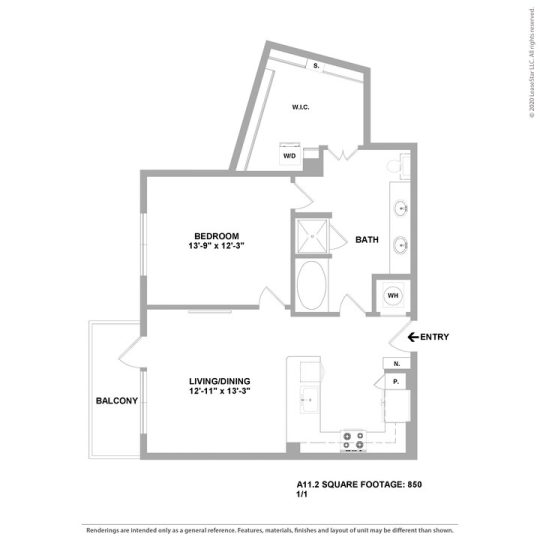 Cedar at the Branch Floor Plan 1 Bedroom 1 Bath 1 Bed 1 Bath 850 sqft