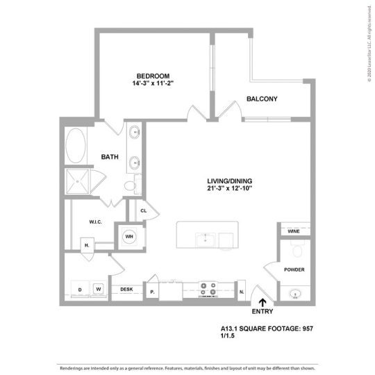 Cedar at the Branch Floor Plan 1 Bedroom 1 Bath 1 Bed 1 Bath 957 sqft