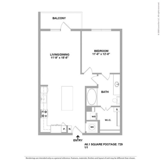 Cedar at the Branch Floor Plan 1 Bedroom 1 Bath 1 Bed 1 Bath 729 sqft