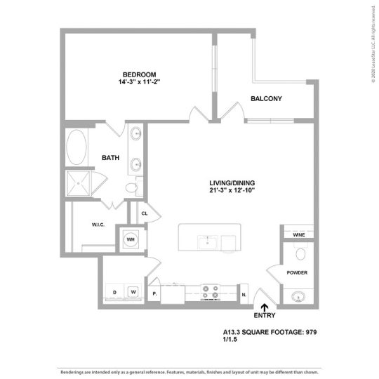 Cedar at the Branch Floor Plan 1 Bedroom 1 Bath 1 Bed 1 Bath 979 sqft