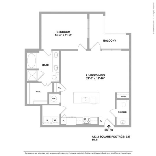 Cedar at the Branch Floor Plan 1 Bedroom 1 Bath 1 Bed 1 Bath 927 sqft