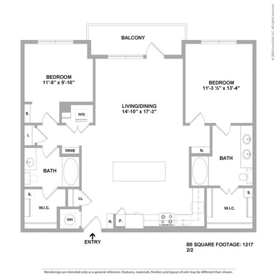 Cedar at the Branch Floor Plan 2 Bedroom 2 Bath 2 Bed 2 Bath 1217 sqft