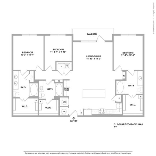 Cedar at the Branch Floor Plan 3 Bedroom 3 Bath 3 Bed 3 Bath 1605 sqft