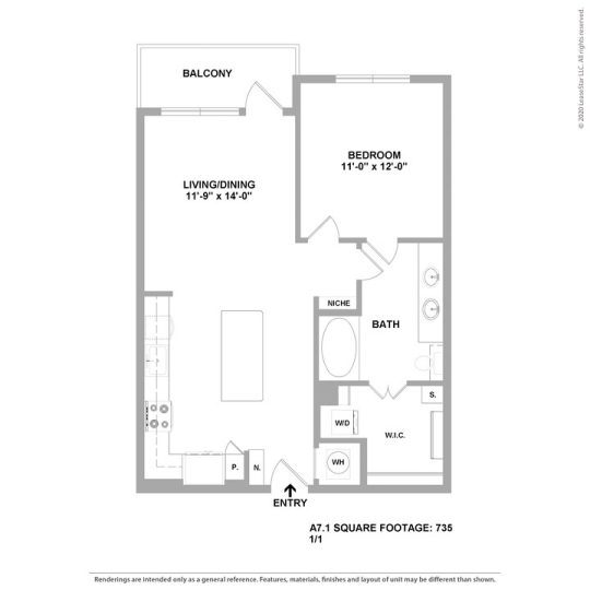 Cedar at the Branch Floor Plan 1 Bedroom 1 Bath 1 Bed 1 Bath 733 sqft