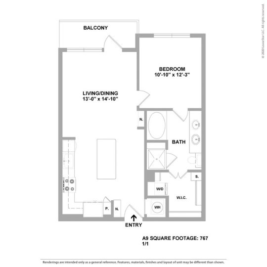 Cedar at the Branch Floor Plan 1 Bedroom 1 Bath 1 Bed 1 Bath 767 sqft