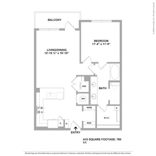 Cedar at the Branch Floor Plan 1 Bedroom 1 Bath 1 Bed 1 Bath 780 sqft