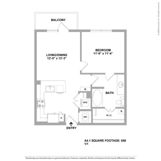 Cedar at the Branch Floor Plan 1 Bedroom 1 Bath 1 Bed 1 Bath 650 sqft