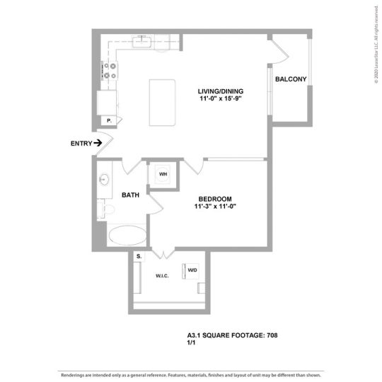 Cedar at the Branch Floor Plan 1 Bedroom 1 Bath 1 Bed 1 Bath 708 sqft