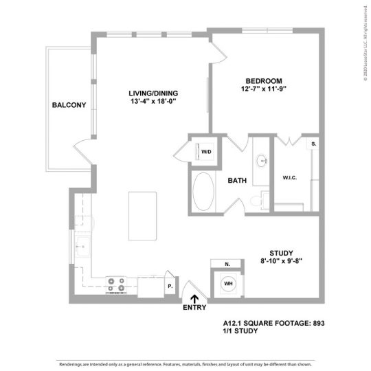 Cedar at the Branch Floor Plan 1 Bedroom 1 Bath 1 Bed 1 Bath 893 sqft