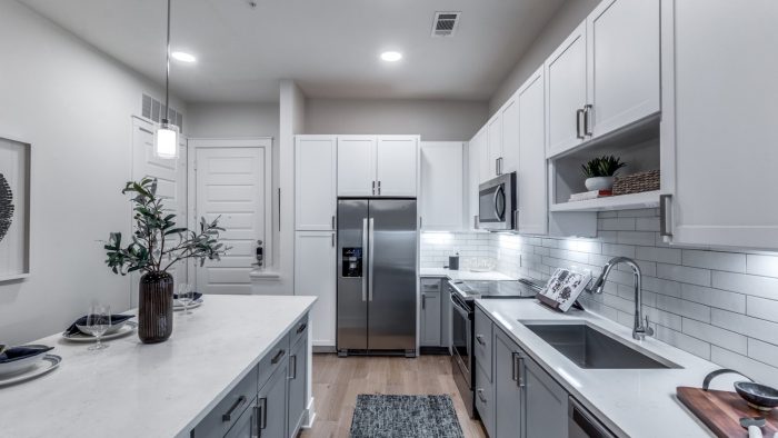 a clean kitchen with stainless steel appliances and white cabinets at The Cedar at  Branch